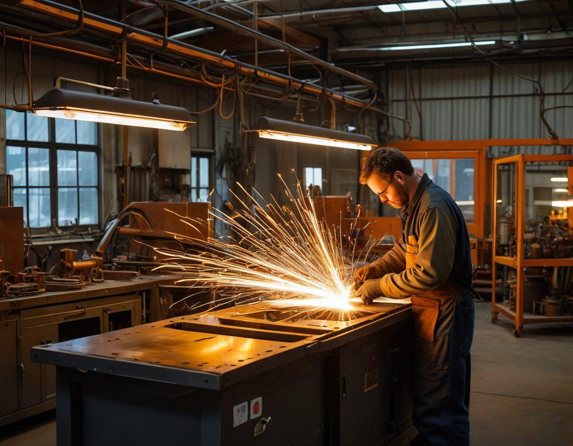 A high-tech metal workshop showcasing artisans meticulously working with various metal tools and machinery. Highlight vibrant sparks flying from welding processes, with intricate metal structures in different stages of fabrication displayed around. Incorporate a modern manufacturing ambiance, with blueprints and designs pinned on the wall to emphasize innovation. Bright lighting enhances the metal textures and machinery. super-realistic. vibrant colors. industrial style.