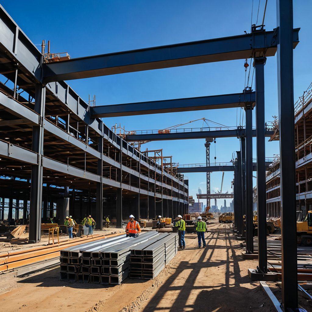 A dynamic construction scene showcasing workers expertly handling large steel beams and metal parts, with the Lexington Steel logo prominently displayed. In the background, a modern city skyline under construction highlights the innovative use of metal fabrication. The foreground features detailed machinery and tools, emphasizing precision and craftsmanship. A bright blue sky adds vibrancy to the scene. super-realistic. vibrant colors.