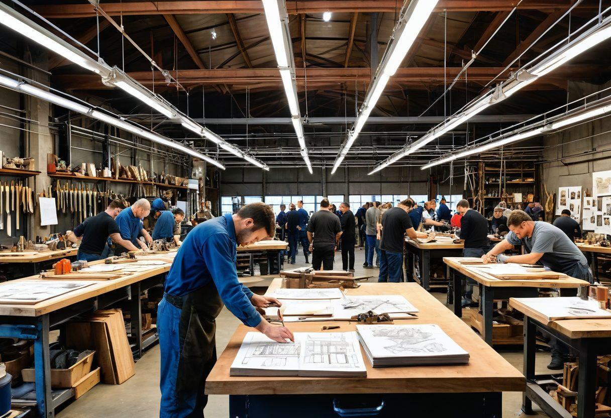 A detailed scene depicting the journey from concept sketches to a meticulously crafted steel structure, highlighting artisans at work with tools in hand, blueprints scattered around, and intricate steelwork taking shape. The background features a bright workshop filled with machinery and colorful materials that reflect creativity and craftsmanship. super-realistic. vibrant colors. 3D.